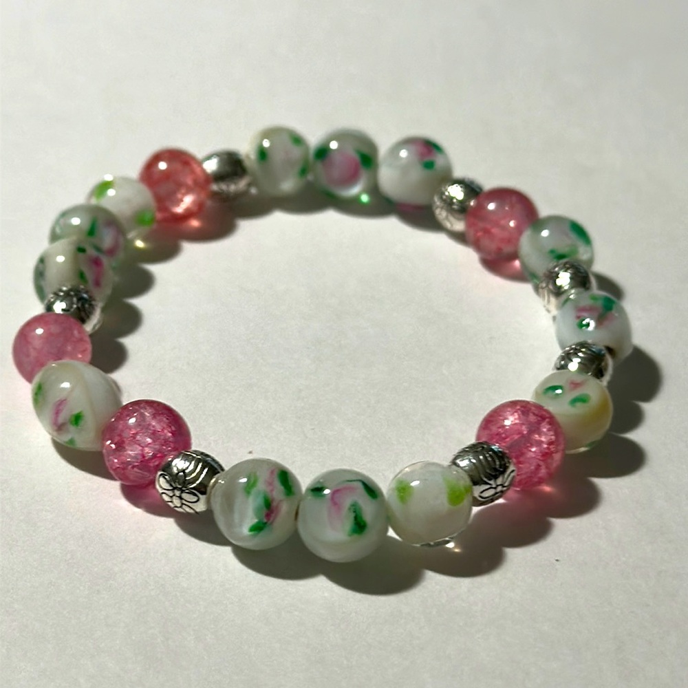 New Ladies Handmade Pink, White, Green & Silver Bracelet